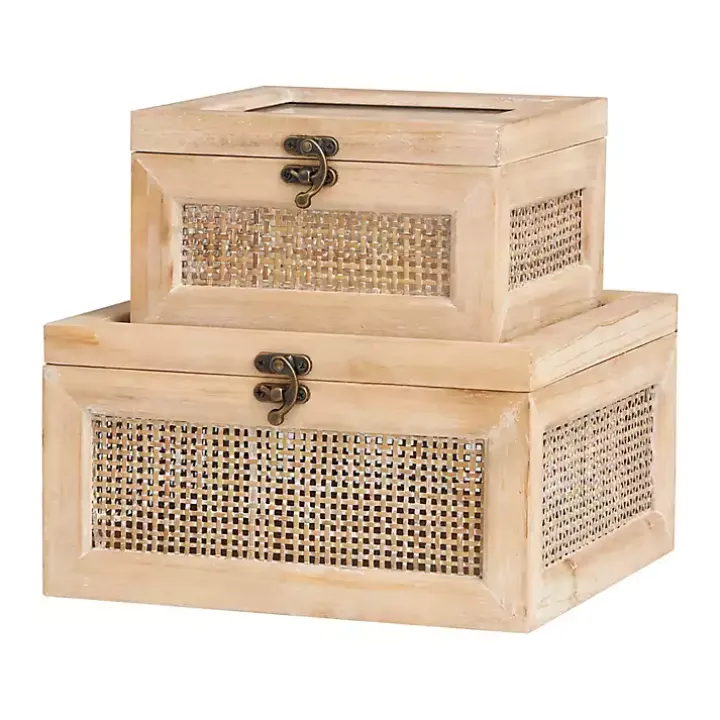 Natural Rattan and Glass Top Boxes, Set of 2