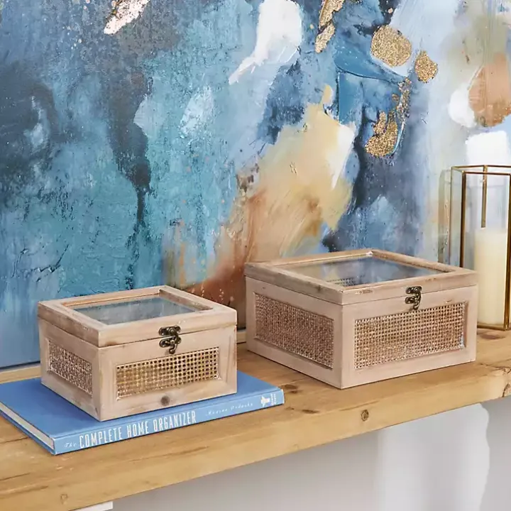 Natural Rattan and Glass Top Boxes, Set of 2