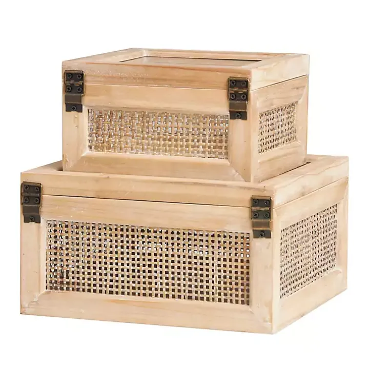 Natural Rattan and Glass Top Boxes, Set of 2