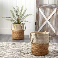 Natural Tan and White Jute Basket with Handles