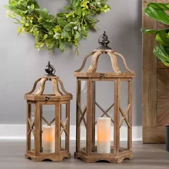 Natural Wood X-Frame Lanterns, Set of 2