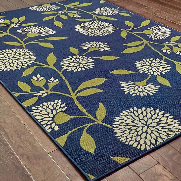 Navy and Green Floral Vine Outdoor Area Rug, 3x5