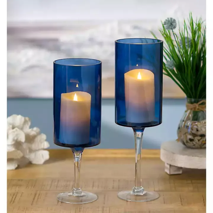 Navy Blue Glass Hurricane Candle Holders, Set of 2