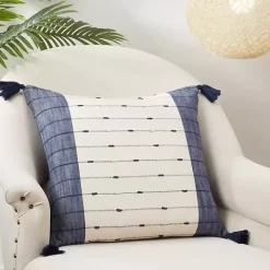 Navy Blue Stripe Tassel Throw Pillow