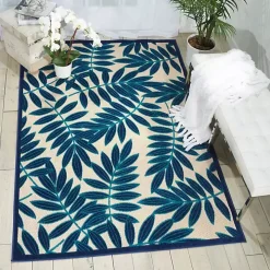 Navy Botanical Leaves Outdoor Area Rug, 9x13
