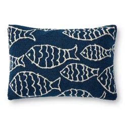Navy Embroidered Fish Outdoor Lumbar Pillow