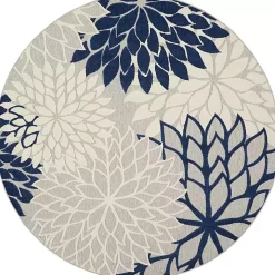 Navy Floral Burst Round Outdoor Area Rug, 7x7
