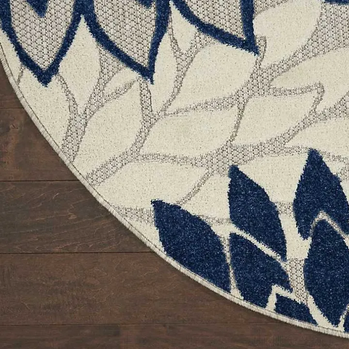 Navy Floral Burst Round Outdoor Area Rug, 7x7
