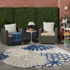 Navy Floral Burst Round Outdoor Area Rug, 7x7