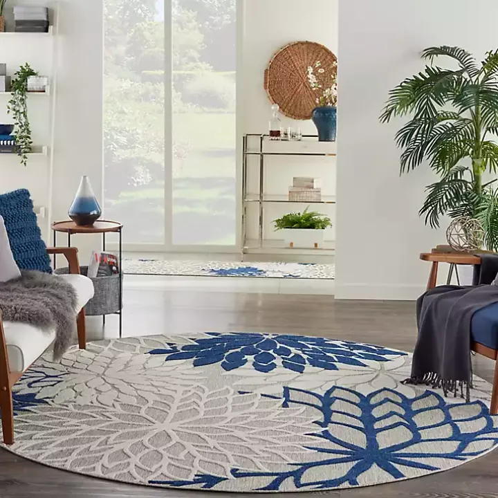 Navy Floral Burst Round Outdoor Area Rug, 7x7