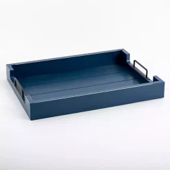 Navy Slatted Wood & Metal Handles Tray