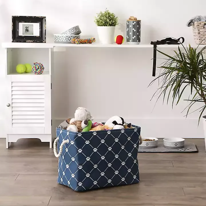 Navy Trellis Paw Print Storage Basket, 16 in.