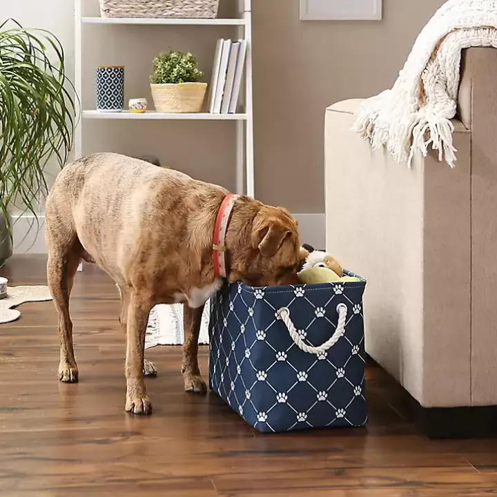 Navy Trellis Paw Print Storage Basket, 16 in.