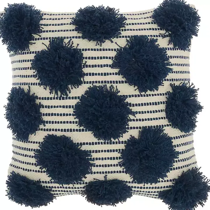 Navy Tufted Pom Poms Throw Pillow