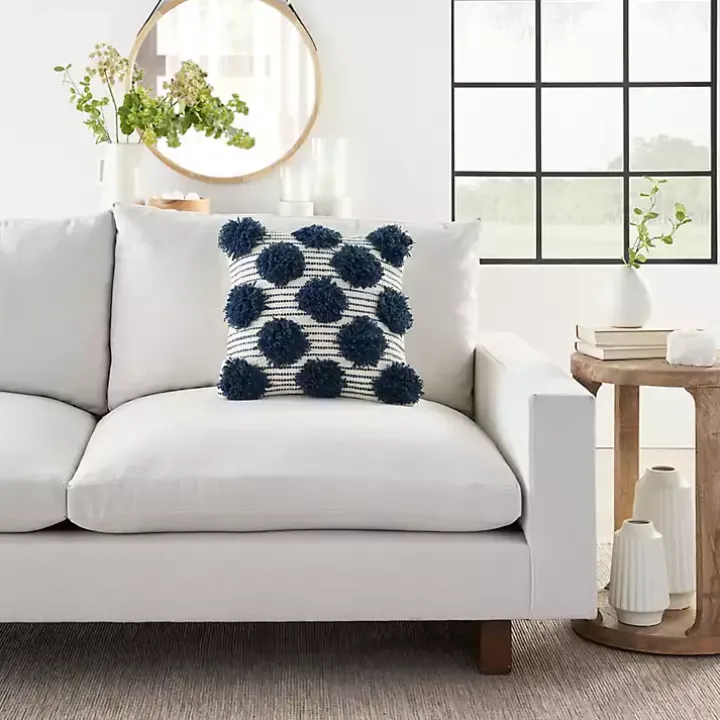 Navy Tufted Pom Poms Throw Pillow