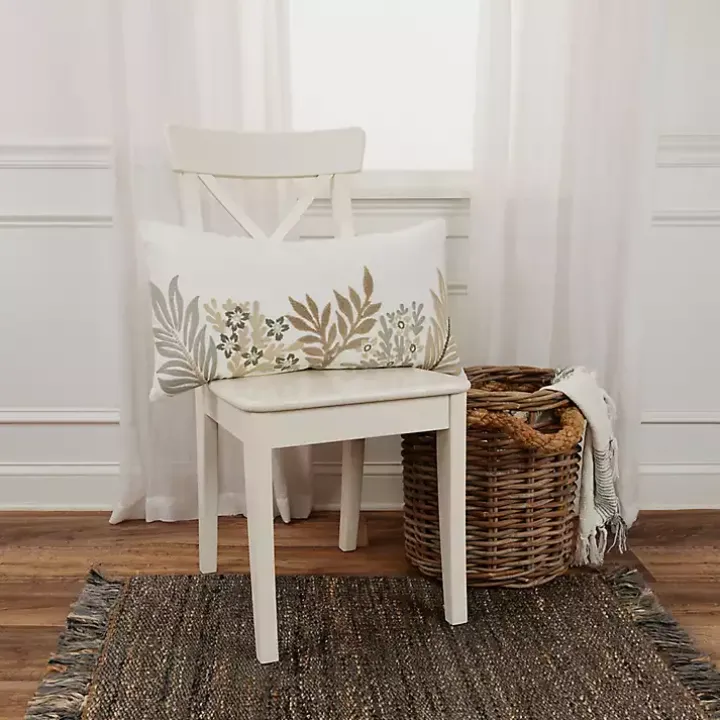 Neutral Blooms Hand Embroidered Lumbar Pillow
