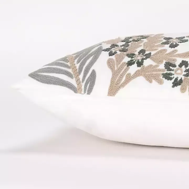 Neutral Blooms Hand Embroidered Lumbar Pillow