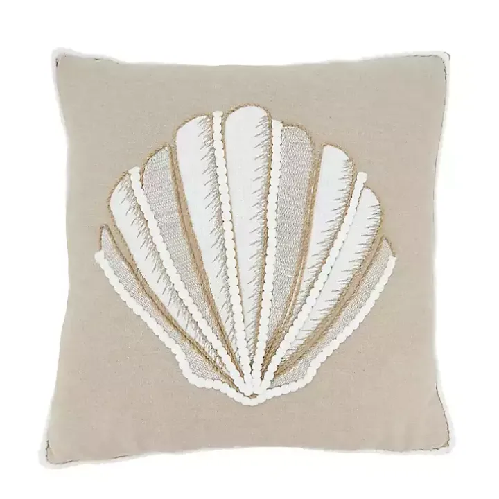 Neutral Embroidered Shell Throw Pillow