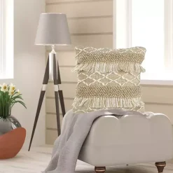 Neutral Geometric Fringe Accent Pillow
