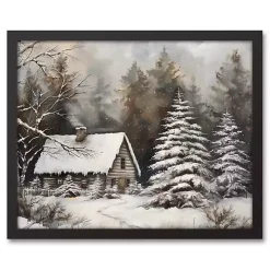 Neutral Winter Log Cabin Framed Canvas Art Print