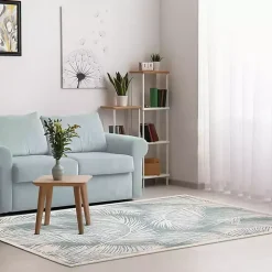 Ocean Blue Palm Leaves Outdoor Area Rug, 7x9