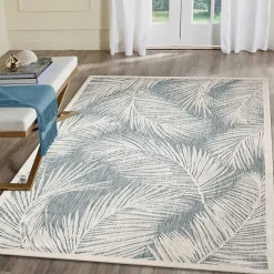 Ocean Blue Palm Leaves Outdoor Area Rug, 7x9