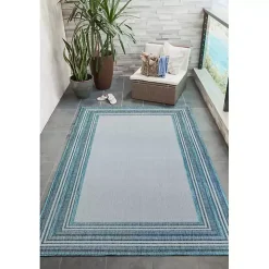Ocean Blue Threaded Frame Outdoor Area Rug, 4x7