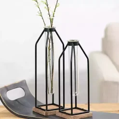 Open Iron Frame Tube Vases, Set of 2