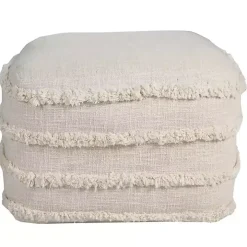 Pale Beige Tufted Stripe Cotton Square Pouf