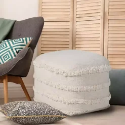 Pale Beige Tufted Stripe Cotton Square Pouf