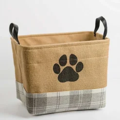 Paw Print Gray Plaid Leather Handle Jute Bin