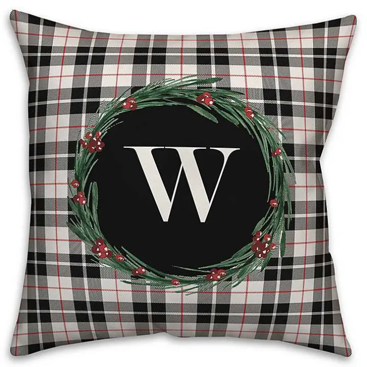 Personalized Monogram Black Plaid Wreath Pillow