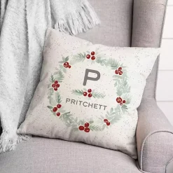 Personalized Monogram Holly Wreath Throw Pillow