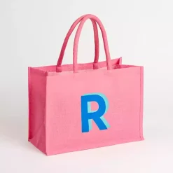 Pink Monogram R Jute Tote Bag
