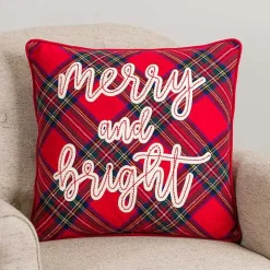 Plaid Embroidered Merry and Bright Pillow