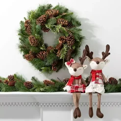 Plush Reindeer Plaid Shelf Sitters, Set of 2