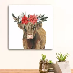 Poinsettia Highland Cow Canvas Art Print