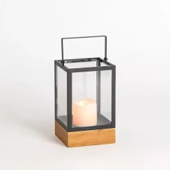Pre-Lit Glass Lantern with Wood Base, 10 in.