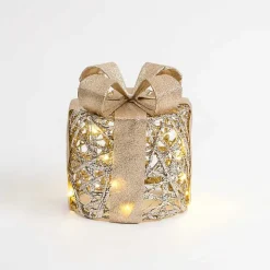 Pre-Lit Gold Glitter Christmas Gift Box, 6 in.