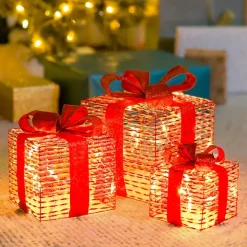 Pre-Lit Red Iridescent Christmas Gift Box, 8 in.