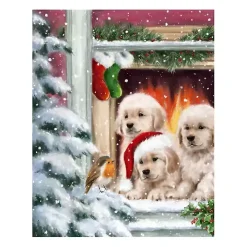 Puppies at Christmas Window Canvas Art Print