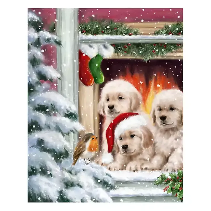 Puppies at Christmas Window Canvas Art Print