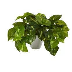 Real Touch Variegated Pothos in White Planter