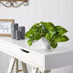 Real Touch Variegated Pothos in White Planter