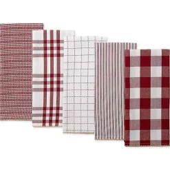 Red & White Woven Patterns 5-pc. Dish Towel Set