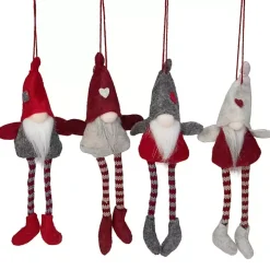 Red and Gray Long Legged Gnome Ornaments, Set of 4