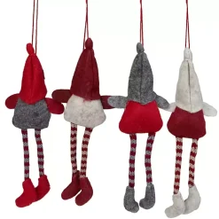 Red and Gray Long Legged Gnome Ornaments, Set of 4