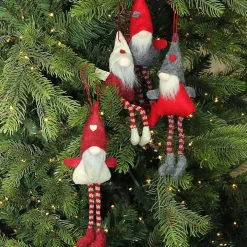 Red and Gray Long Legged Gnome Ornaments, Set of 4