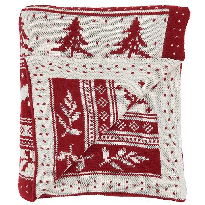 Red and White Stripe Reindeer Christmas Knit Throw