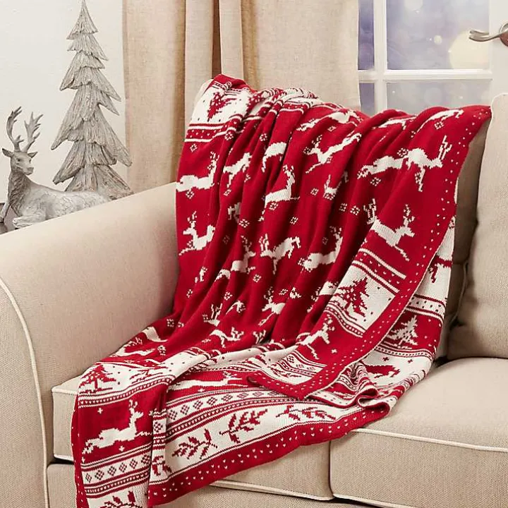 Red and White Stripe Reindeer Christmas Knit Throw